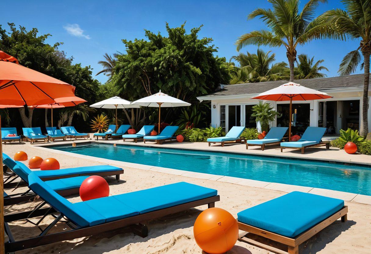 A vibrant seaside scene showing a transition from sandy shores to a luxurious poolside, featuring sunbathers in trendy swimsuits, colorful beach umbrellas, and stylish lounge chairs. Include elements like beach balls and sunglasses scattered on the sand, with a serene pool area in the background adorned with tropical plants and a clear blue sky. The overall ambiance should evoke warmth and relaxation. vibrant colors. super-realistic.